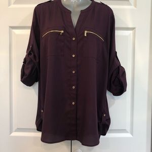 Calvin Klein Eggplant Button Down Blouse with Gold Buttons and Zippers